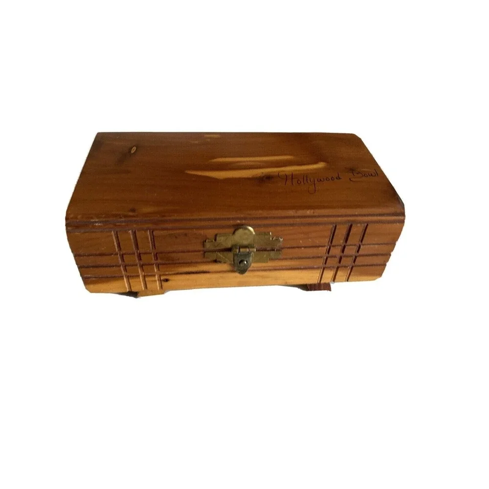 Vintage Handcrafted Cedar Wood Box With Hollywood Bowl Engraving & Hinged Lid